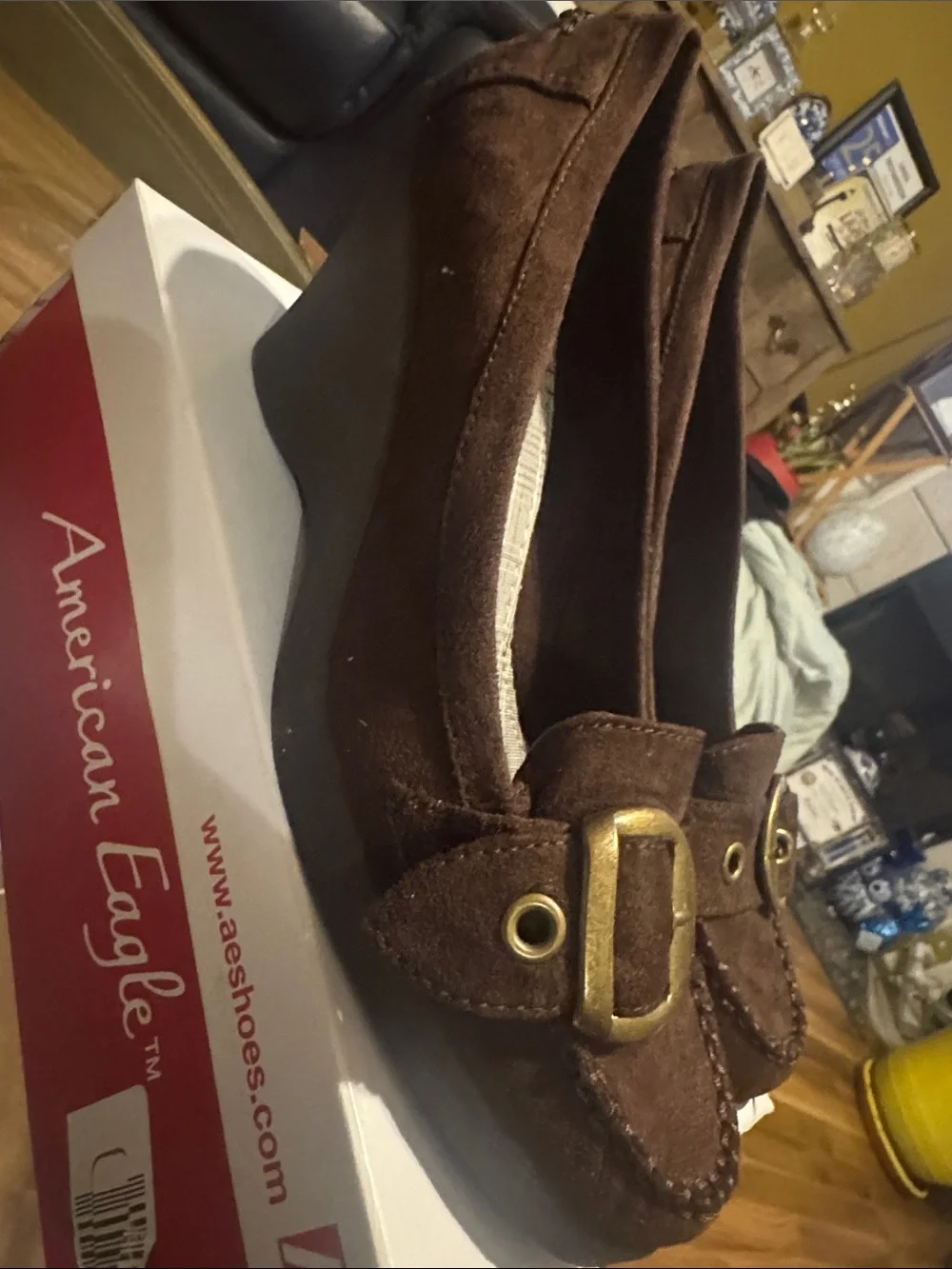 American Eagle Outfitters Brown Suede Wedge Loafers with Gold Buckle